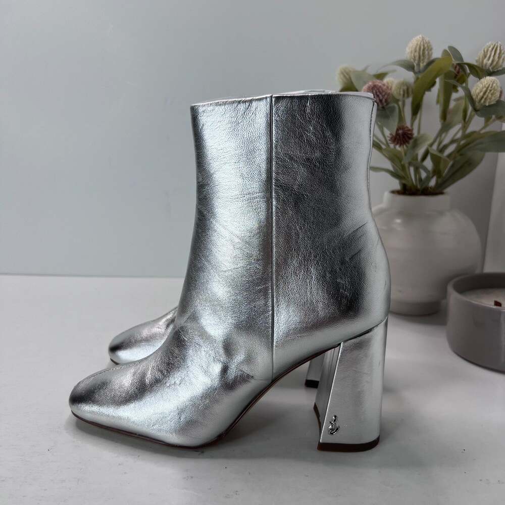 Sam Edelman Codie2 Leather Square Toe Block Heel Boot Silver Metallic Women 5.5M